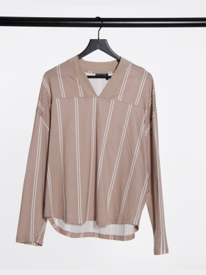 Asos Design Oversized Long Sleeve Striped T-shirt In Beige And White