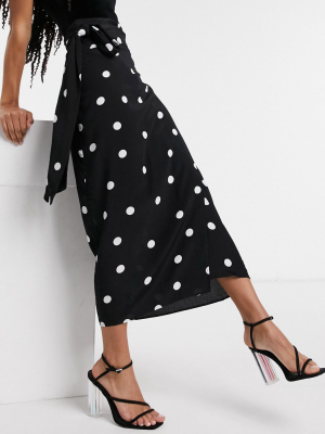 Style Cheat Tie Waist Midi Skirt Set In Polka Dot Print