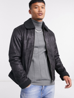 Jack & Jones Originals Aviator Jacket In Black