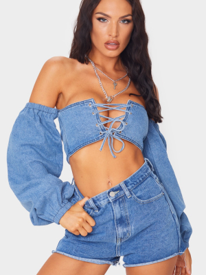 Mid Blue Wash Bardot Denim Crop Top