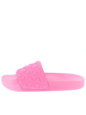 Lindy02 Neon Pink Geo Open Toe Flat Slide Sandal