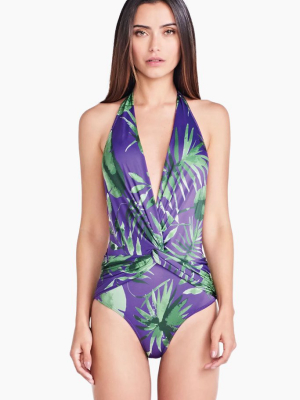 Halter Front Knot One Piece Swimsuit - Purple Jungle Print