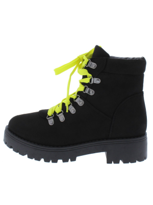 Wildone23 Black Suede Lace Up Lug Sole Ankle Boot