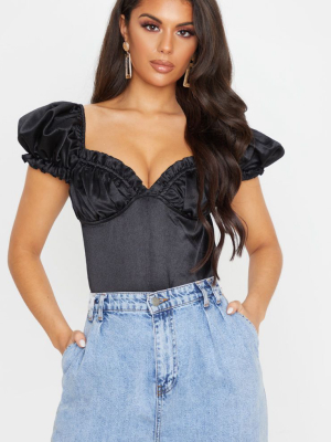 Black Satin Puff Sleeve Frill Bust Bodysuit