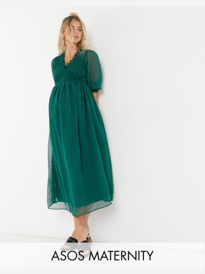 Asos Design Maternity Midi Smock Dress With Shirred Cuffs In Dobby In Forest Green