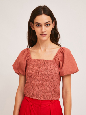 Puffed Sleeve Shirred Top - Pink