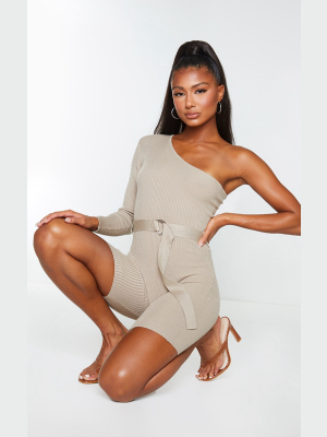 Oatmeal One Shoulder Knitted Belted Unitard