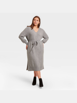 Women's Plus Size Long Sleeve Belted Midi Sweater Dress - Ava & Viv™