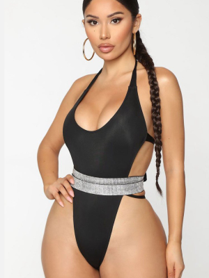 Metallic Belted High Leg Low Back One Piece Swimsuit