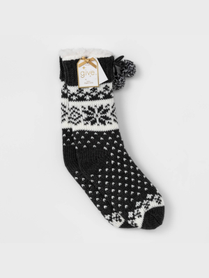 Women's Fair Isle Sherpa Lined Slipper Socks With Grippers - Charcoal 4-10