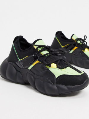 Asos Design Dougie Chunky Lace Up Sneakers In Black/ Green