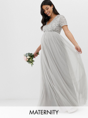 Maya Maternity Bridesmaid V Neck Maxi Tulle Dress With Tonal Delicate Sequins In Silver