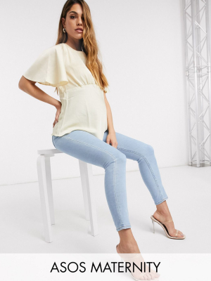 Asos Design Maternity High Rise Ridley 'skinny' Jeans In Bright Lightwash Blue With Over Bump Waistband