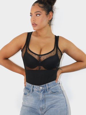 Black Dobby Mesh Button Front Bodysuit