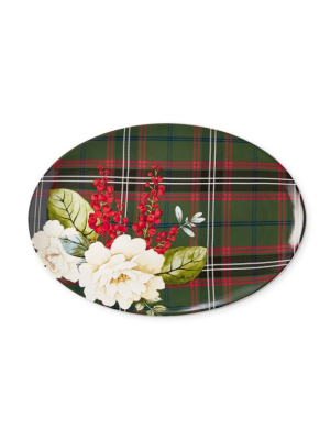 Green Botanical Plaid Oval Platter, Peony