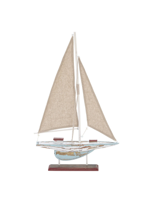 22" X 14" Decorative Coastal Pine Wood And Linen Sailing Boat Sculpture - Olivia & May