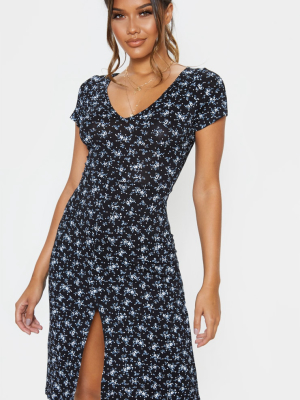 Black Ditsy Floral Jersey V Neck Split Midi Dress