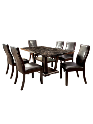 7pc Harrington Faux Marble Table Top W/open Bottom Shelf Dining Table Set Dark Walnut - Iohomes