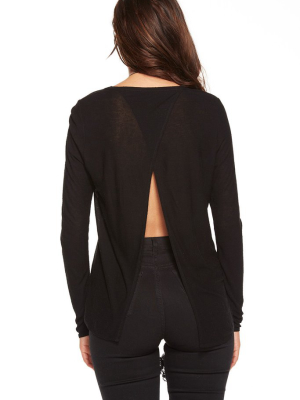 Silk Rayon Nep Jersey Open Cross Back Long Sleeve Pocket Tee