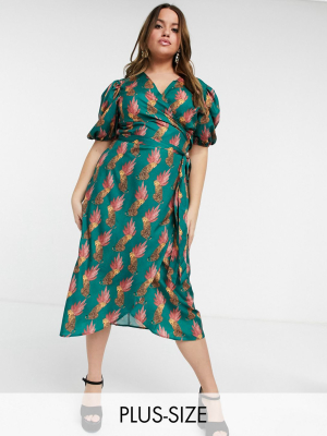 Never Fully Dressed Plus Wrap Front Midi Dress With Belt In Green Leopard Leaf Print