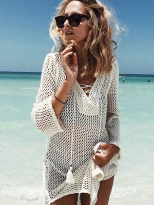 Breezy Lace Up Openwork Crochet Tunic Cover Up