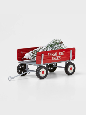 Small Metal Wagon With Fresh Cut Christmas Trees Decorative Figurine Red - Wondershop™