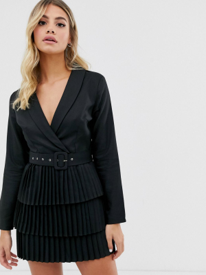 In The Style X Dani Dyer Plunge Front Blazer Dress With Pleated Skirt In Black