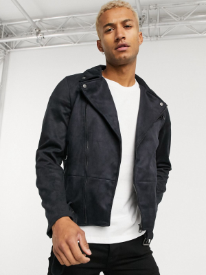 Pull&bear Faux Suede Biker Jacket In Black