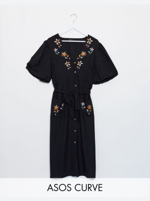 Asos Design Curve Embroidered Button Through Midi Tea Dress With Puff Sleeves In Black