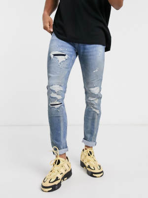 Topman Skinny Jeans With Paint Splatter In Vintage Blue