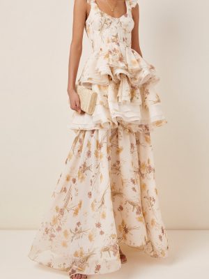Floral-print Ruffled Silk Dress