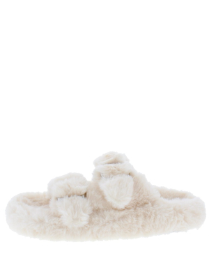 Andrea269 Cream Faux Fur Dual Buckle Strap Slide Sandal