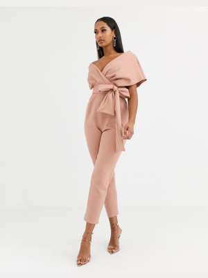 Asos Design Fallen Shoulder Scuba Jumpsuit In Blush