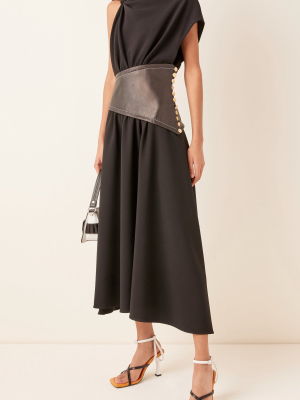 Leather-detailed Asymmetric Crepe Midi Dress