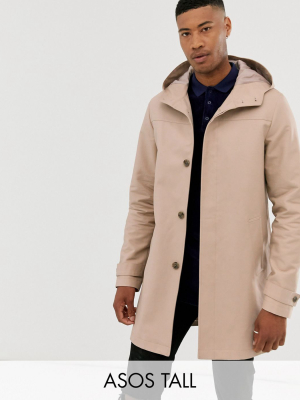 Asos Design Tall Shower Resistant Hooded Trench Coat In Stone