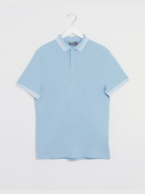 Asos Design Organic Tipped Pique Polo Shirt In Light Blue