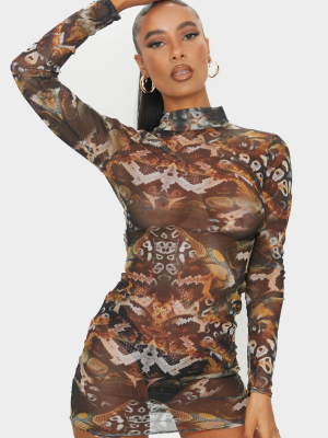 Multi Snake Print Mesh High Neck Long Sleeve...