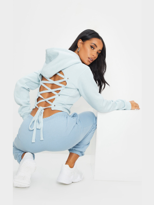 Baby Blue Lace Up Back Crop Hoodie