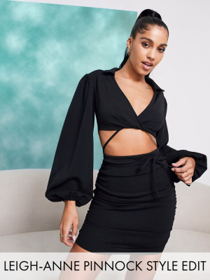 Asos Design Cut Out Strappy Shirt Mini Dress With Ruching In Black