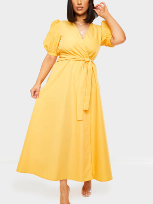 Mustard Woven Puff Sleeve Wrap Tie Midi Dress