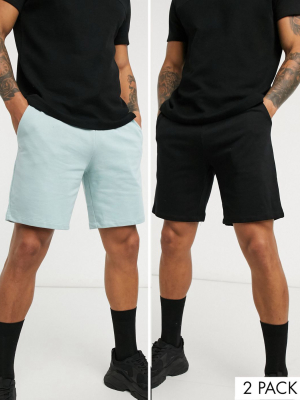 Asos Design Jersey Slim Shorts With Black Drawcords 2 Pack Black/light Gray