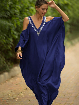 Leaf Embroidered V Neck Cold Shoulder Maxi Caftan Cover Up