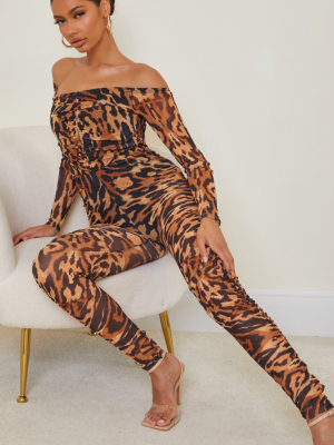 Tan Leopard Print Mesh Ruched Bardot Jumpsuit