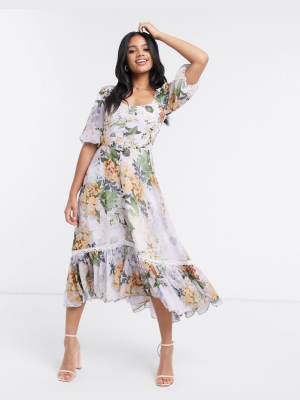 Hope & Ivy Belted Puff Sleeve High Low Dress In Lilac Gray Floral