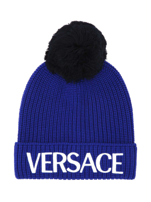 Versace Logo Printed Pompom Detailed Beanie