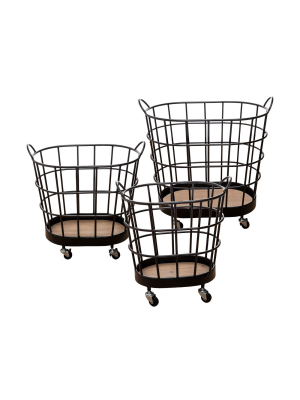 Set Of 3 Black Wire Metal Rolling Storage Baskets - Foreside Home And Garden