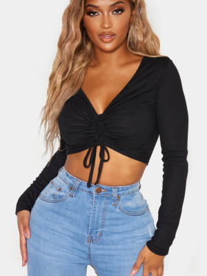 Shape Black Ribbed Long Sleeve Ruched Front...