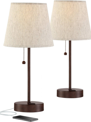 360 Lighting Modern Accent Table Lamps 18 1/4" High Set Of 2 With Hotel Style Usb Charging Port Bronze Metal Drum Shade For Bedroom Bedside