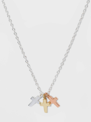 Sterling Silver Triple Cross Tri Tone Necklace - Silver