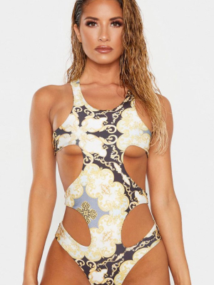 Baroque Floral Racerback Cutout One Piece Swimsuit